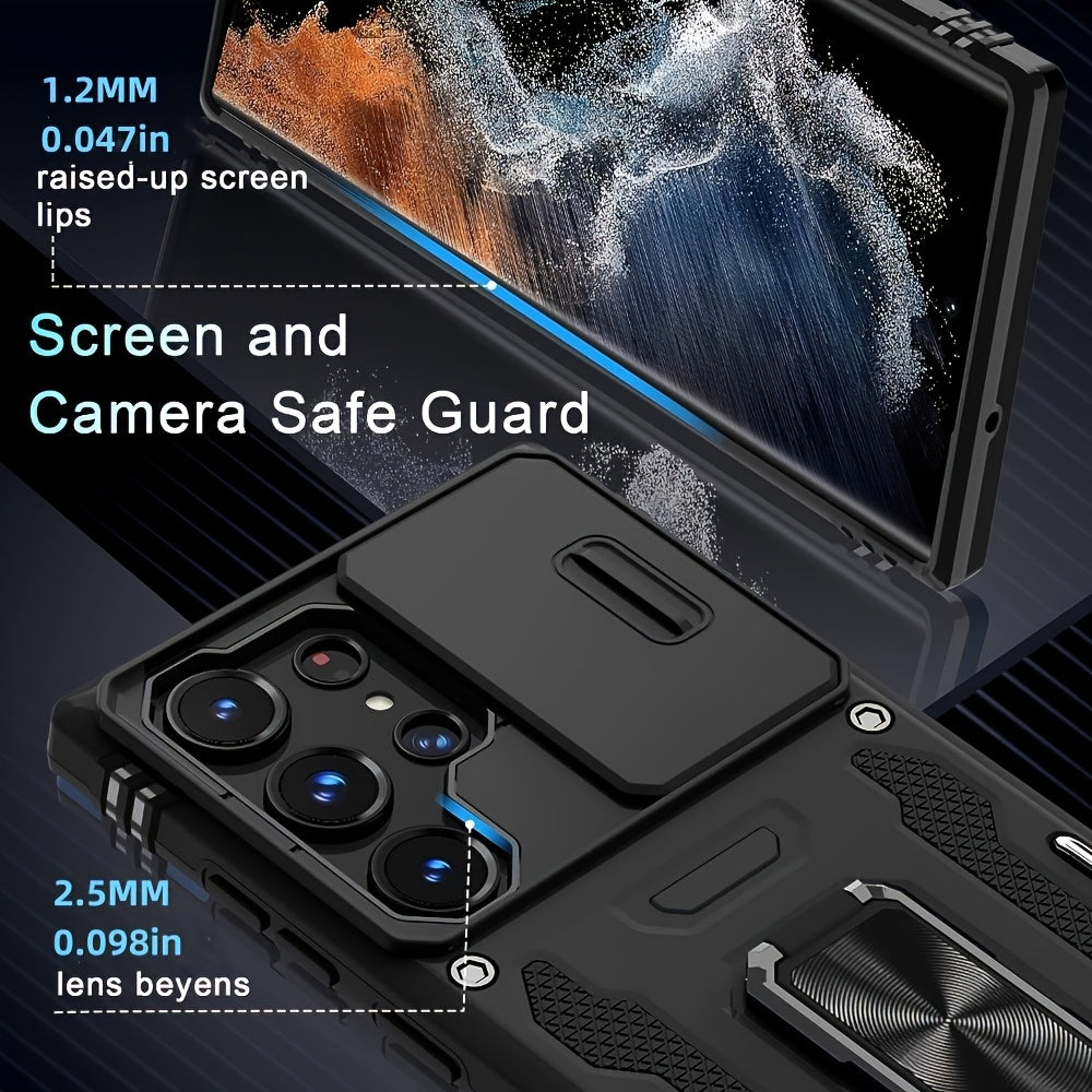 Luxury Matte 2-in-1 Armor Phone Case for Samsung Galaxy with Camera Cover and Swivel Ring