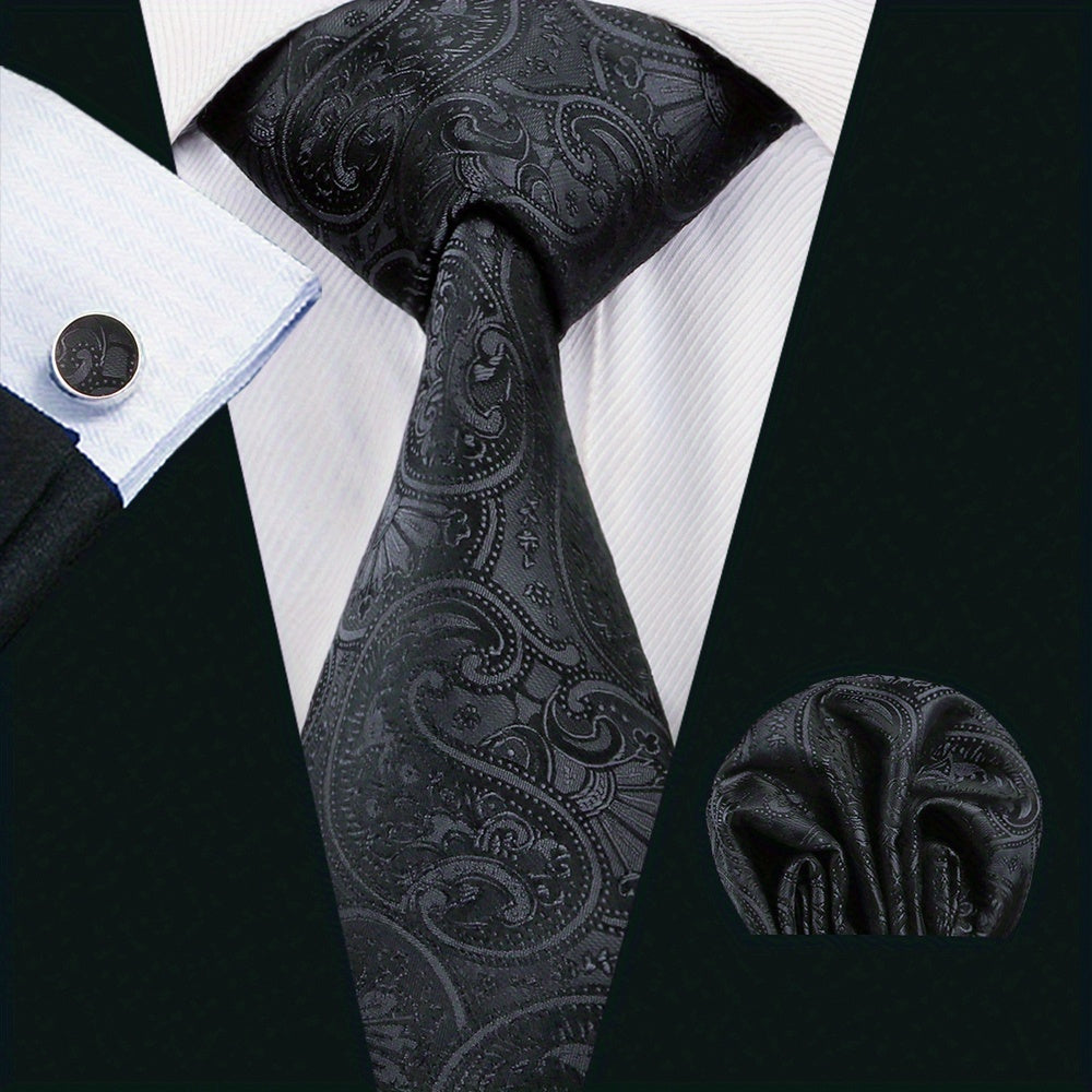 Men's Jacquard Woven Black Tie Set with Cufflinks and Hanky for Weddings and Business