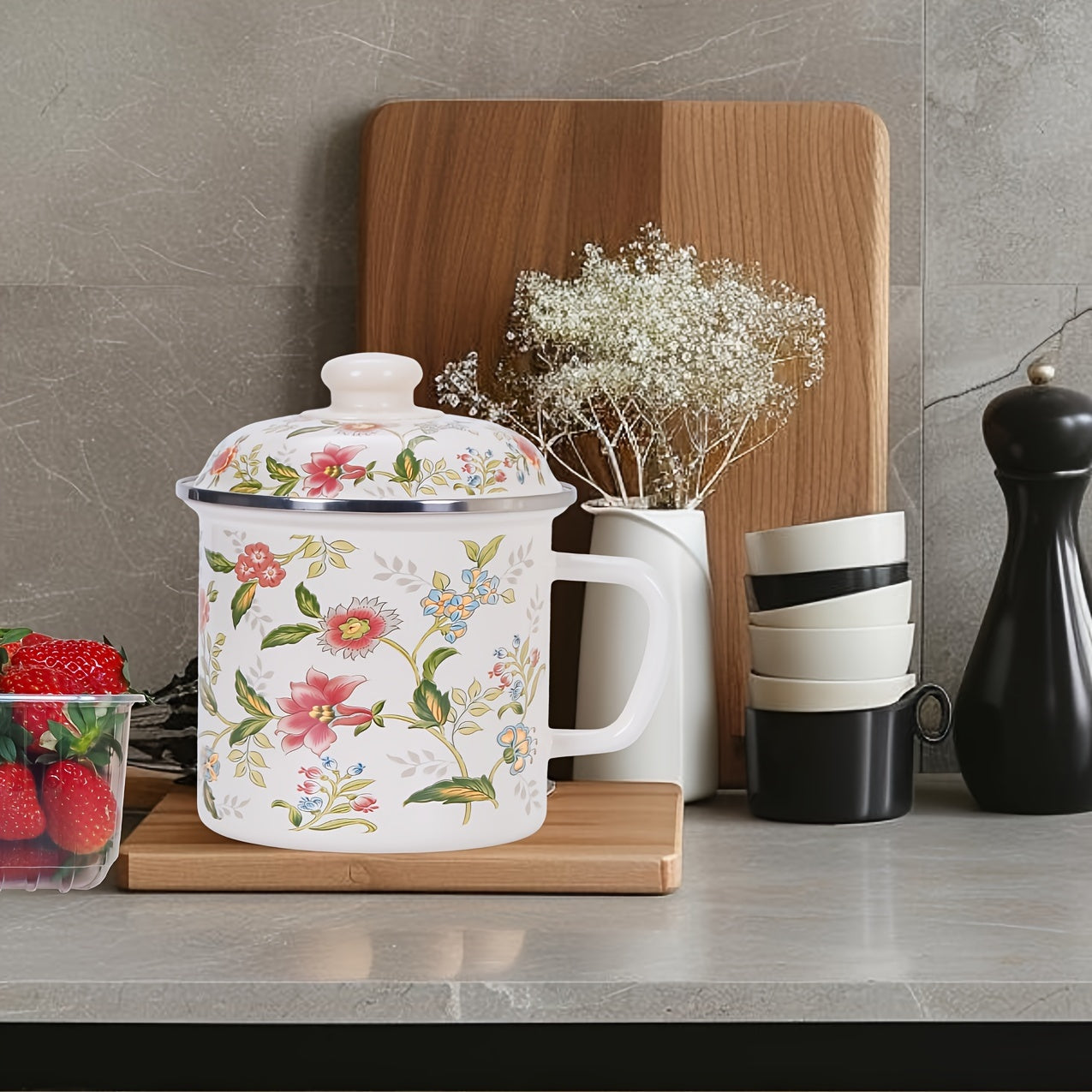 Enamel Butter Warmer Pot with Lid for Melting Butter Tea Noodles Stovetop Cookware