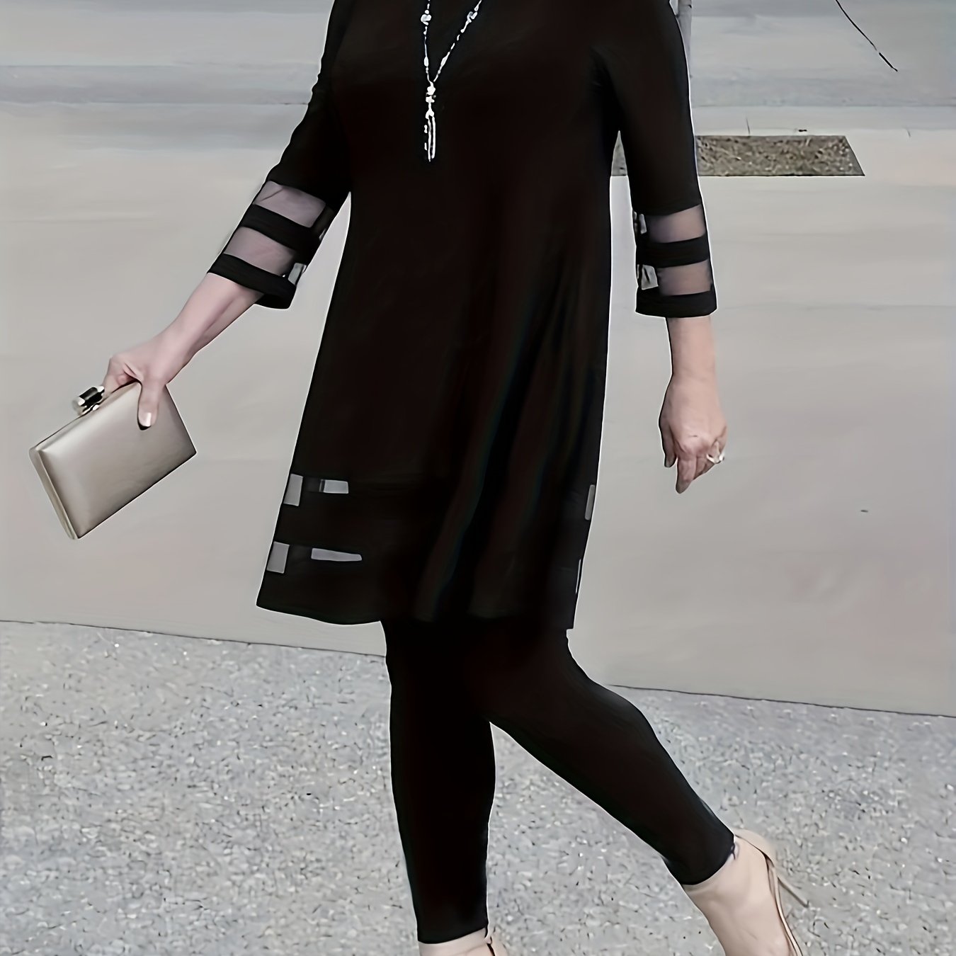 Katta o'lchamdagi mesh ikki qismli to'plam, crew neck bluzka va shimlar, ayollar uchun katta o'lchamdagi kiyimlar