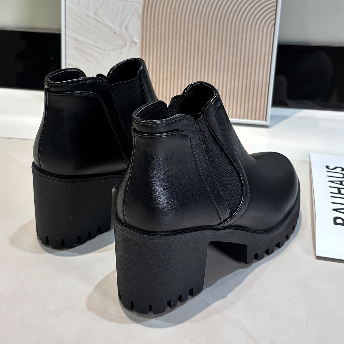 Women's Faux Cover Ankle Boots with Chunky Heel, Rubber Sole, Black