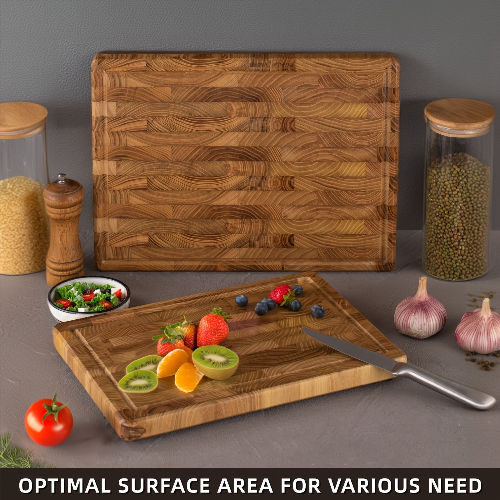 Teak Wood Cutting Board with Juice Groove and Handles, Multipurpose Kitchen Chopping Block