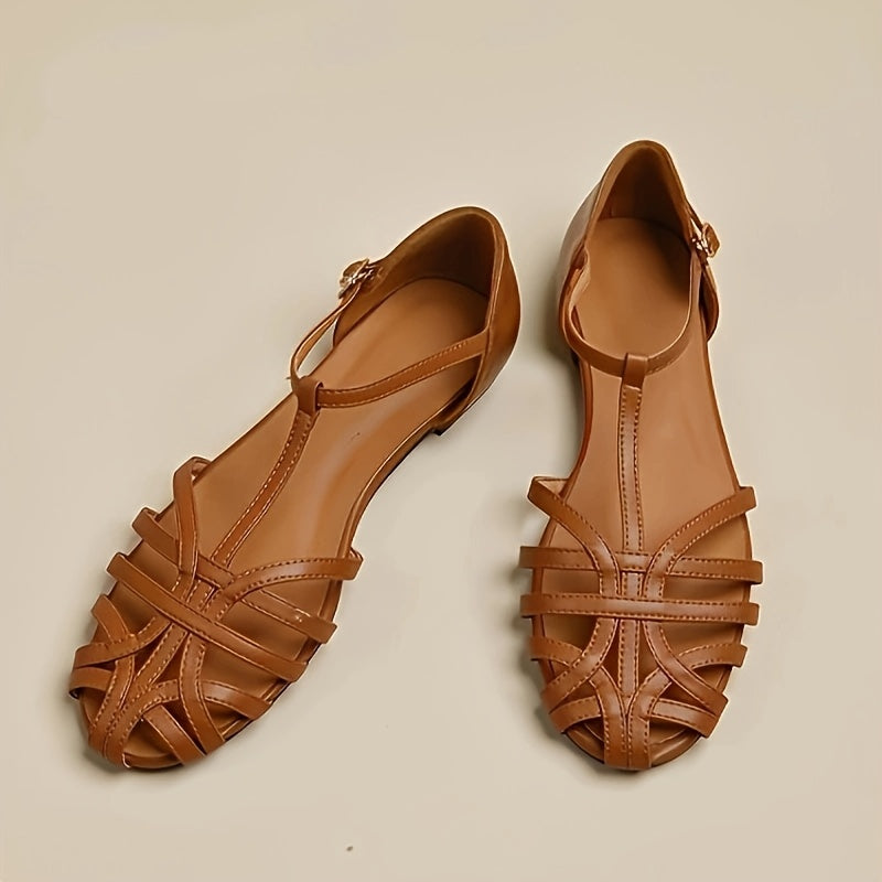 Women’s Beige Synthetic Roman Sandals with Flat Heel and Crisscross Straps