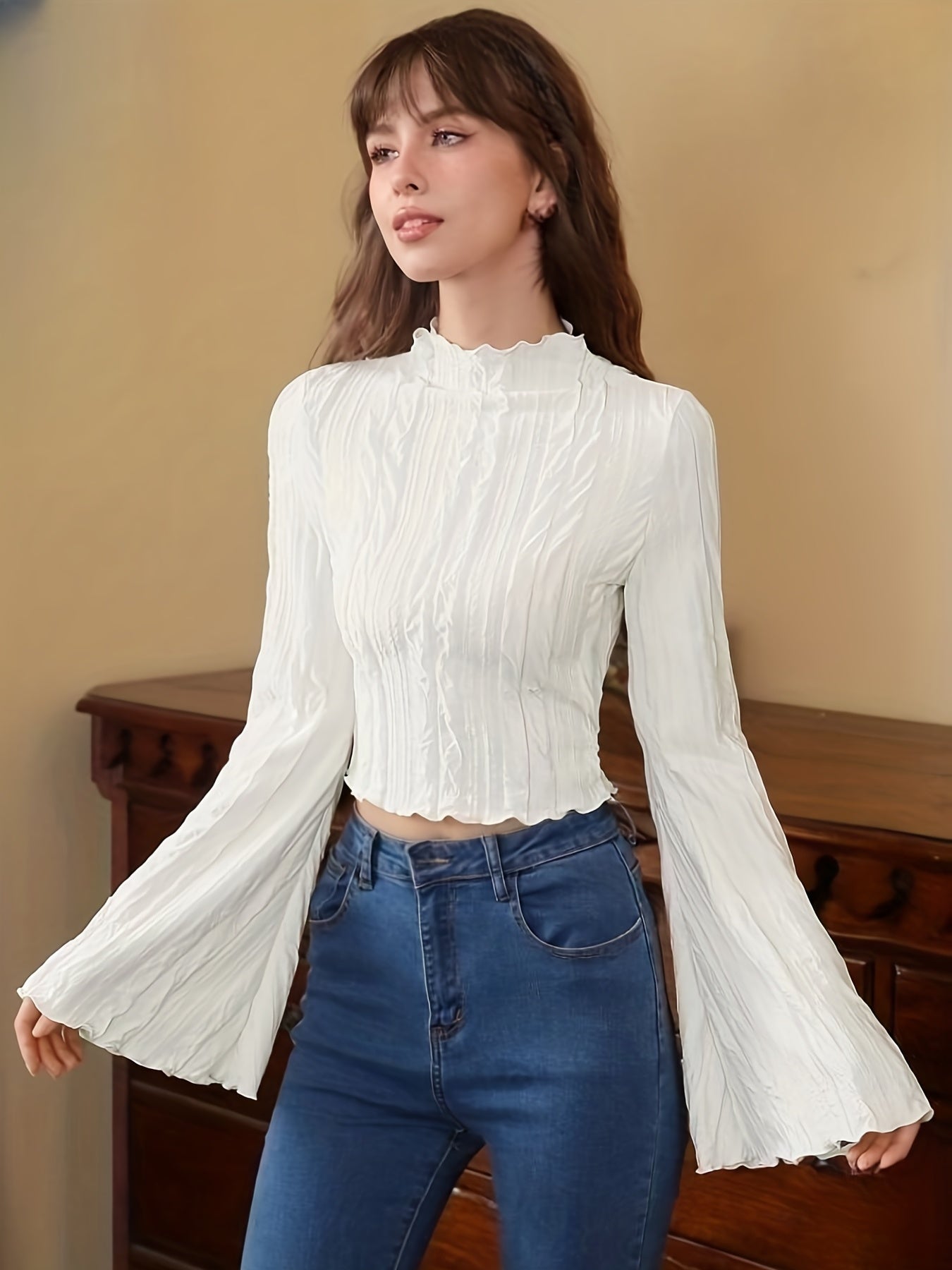 Women's Textured Cropped Top with Flared Sleeves and Lettuce Trim Mock Neck for Spring Fall
