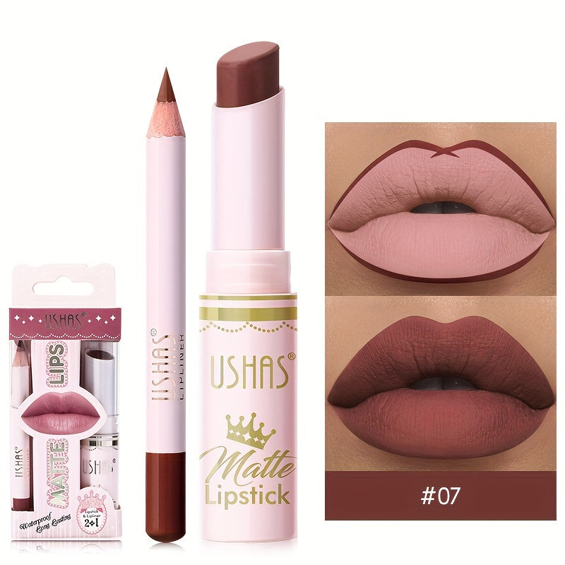 Set de lápiz labial mate y perfilador de labios para mujer, a prueba de agua, tono nude, con alto pigmento