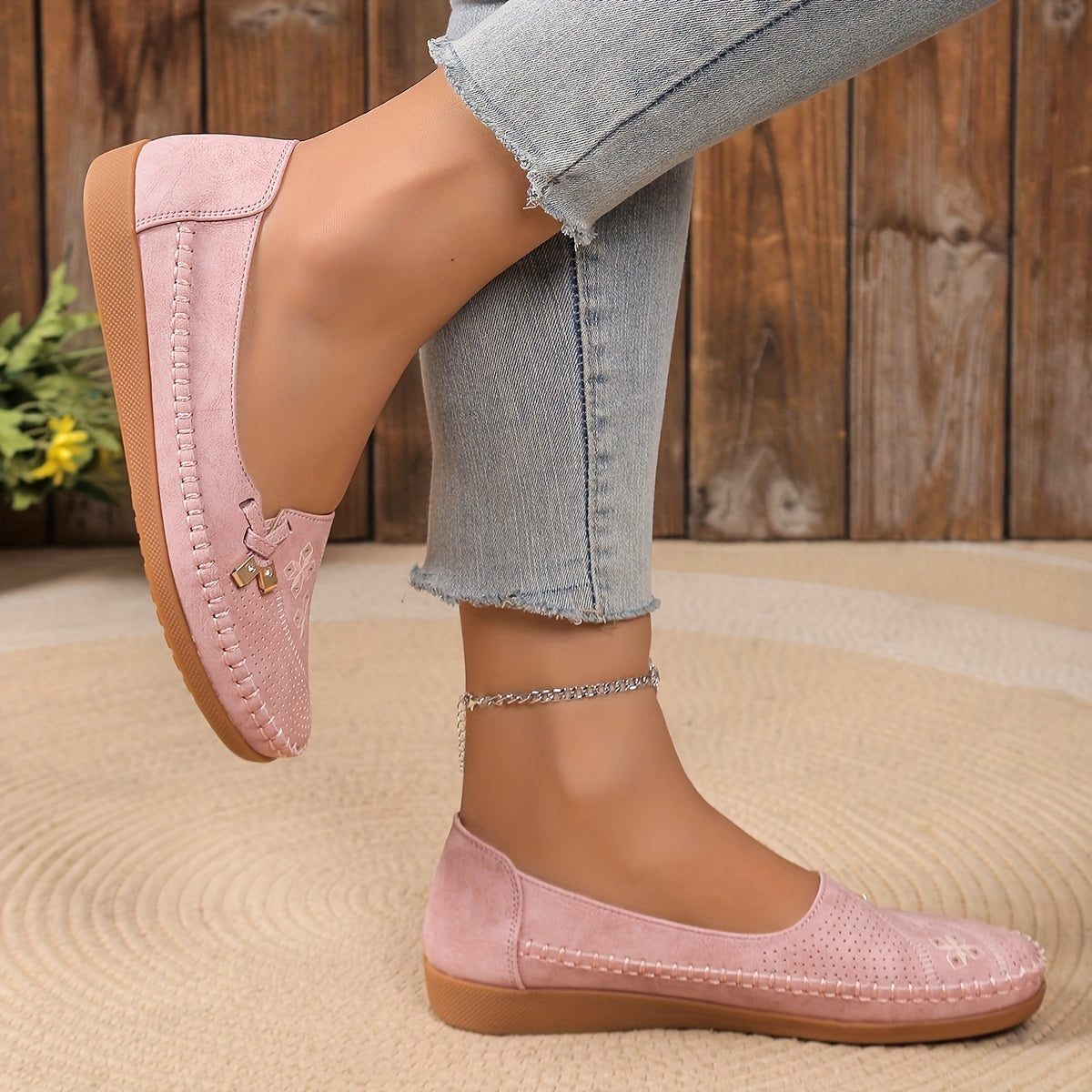 Women's Pink Synthetic Slip-On Loafers with Bow and Geometric Pattern