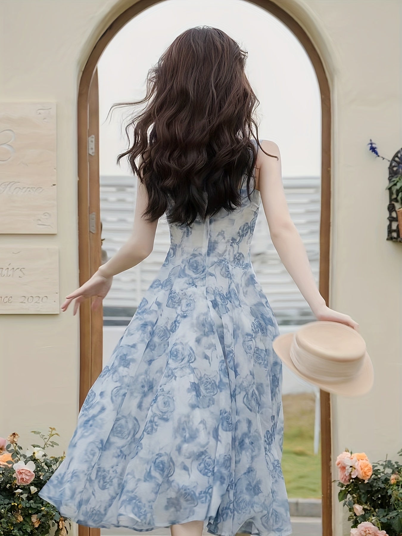 Conjunto de vestido con estampado floral para mujer con cárdigan acanalado y vestido en línea A