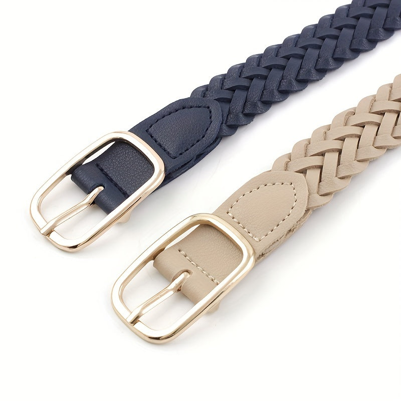 Women’s Woven Leather Belt Square Buckle for Coats and Jeans