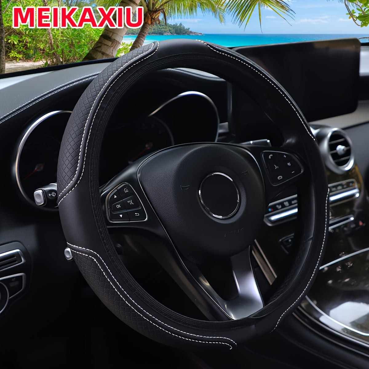 Car Steering Wheel Cover Leather Plaid Non-slip Fit 36.8-38.1cm