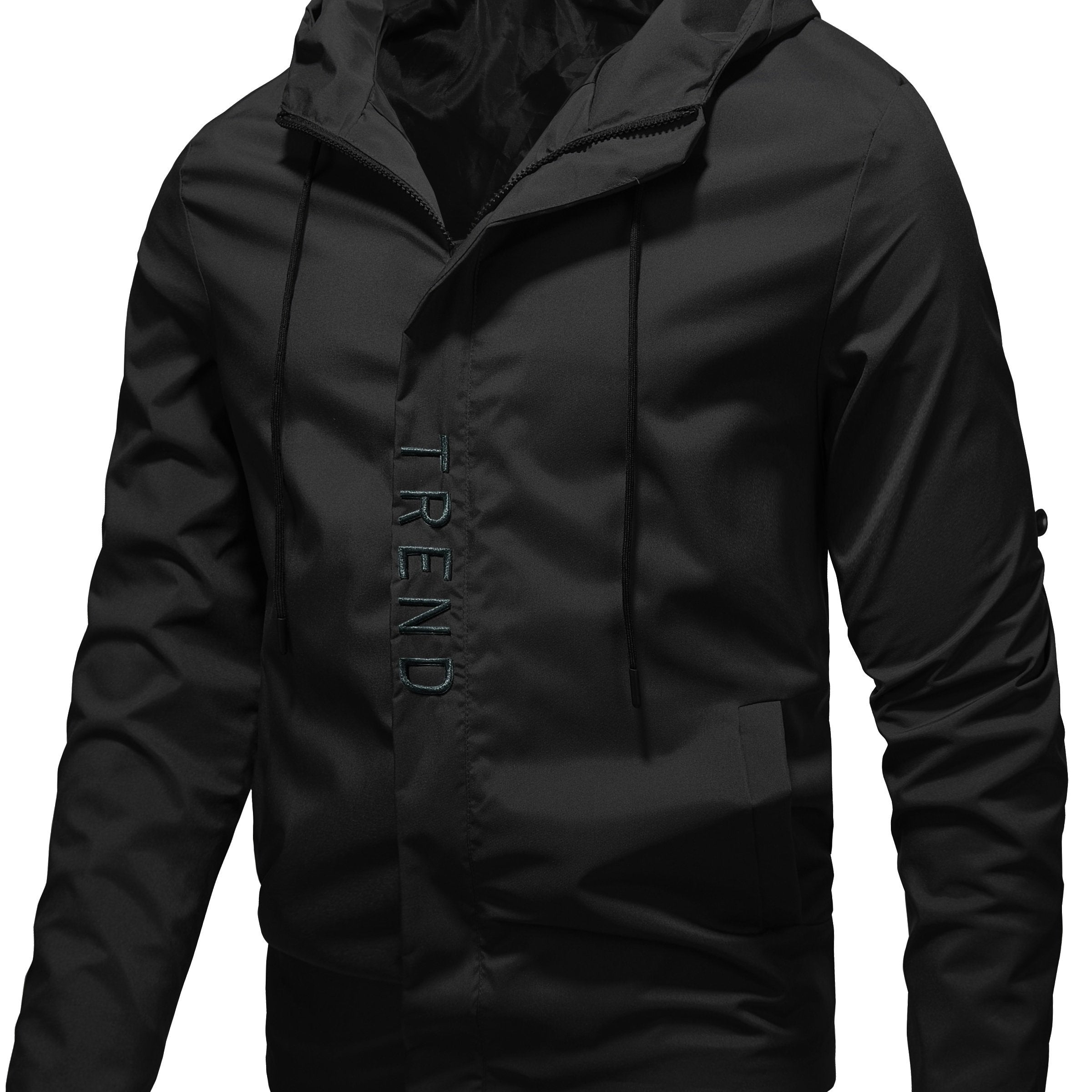 Men's All-Season Hooded Polyester Sports Jacket with Embroidered Details