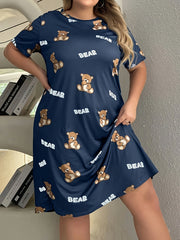 Women's Gray Cartoon Bear Print Sleepshirt Short Sleeve Nightgown