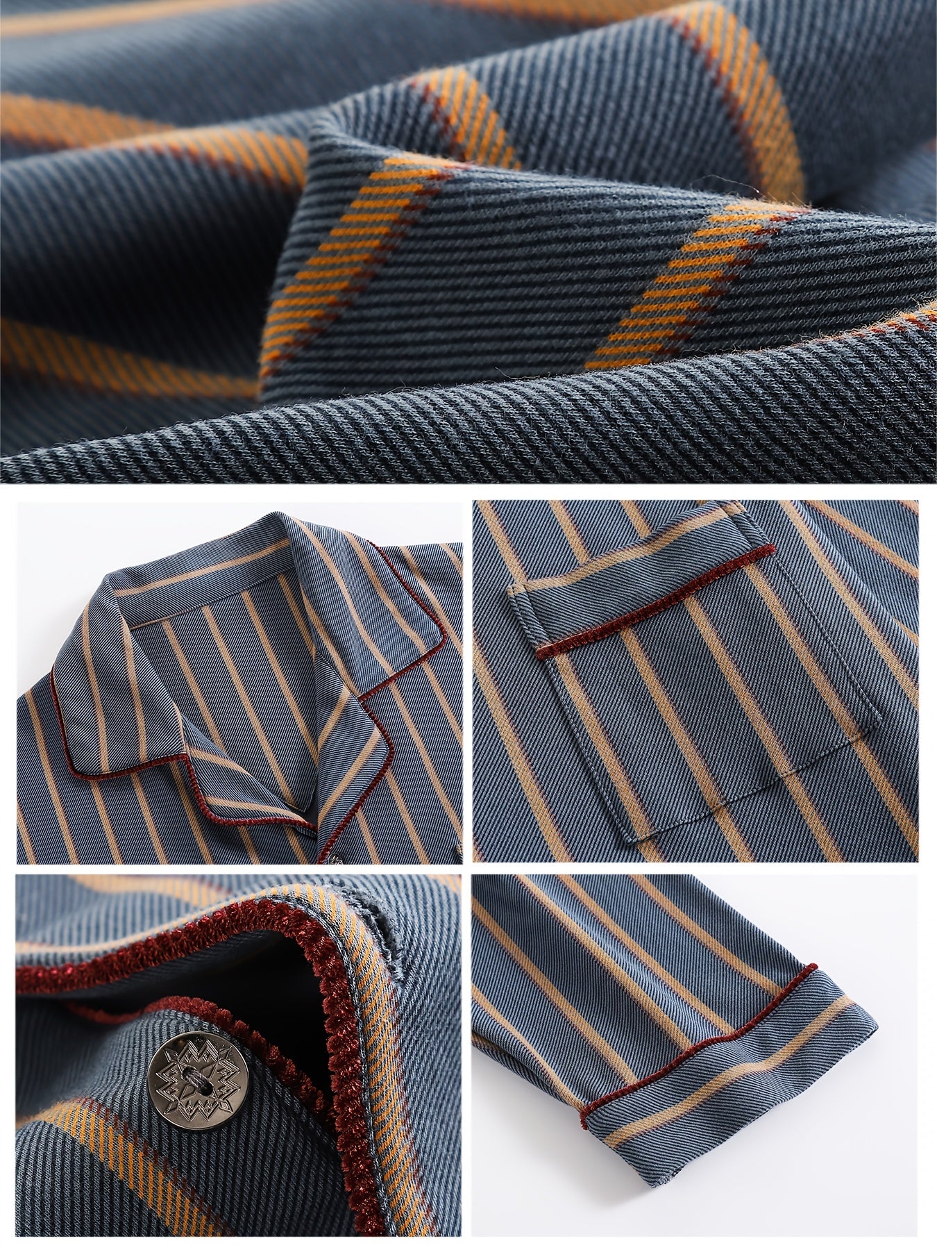 Men's Cotton Striped Pajama Set Long Sleeve Lapel Shirt Elastic Waist Pants Lounge Sleepwear