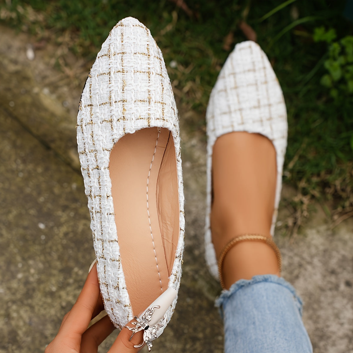 Women's Tweed Pattern Flats Slip-On Point Toe Casual Shoes