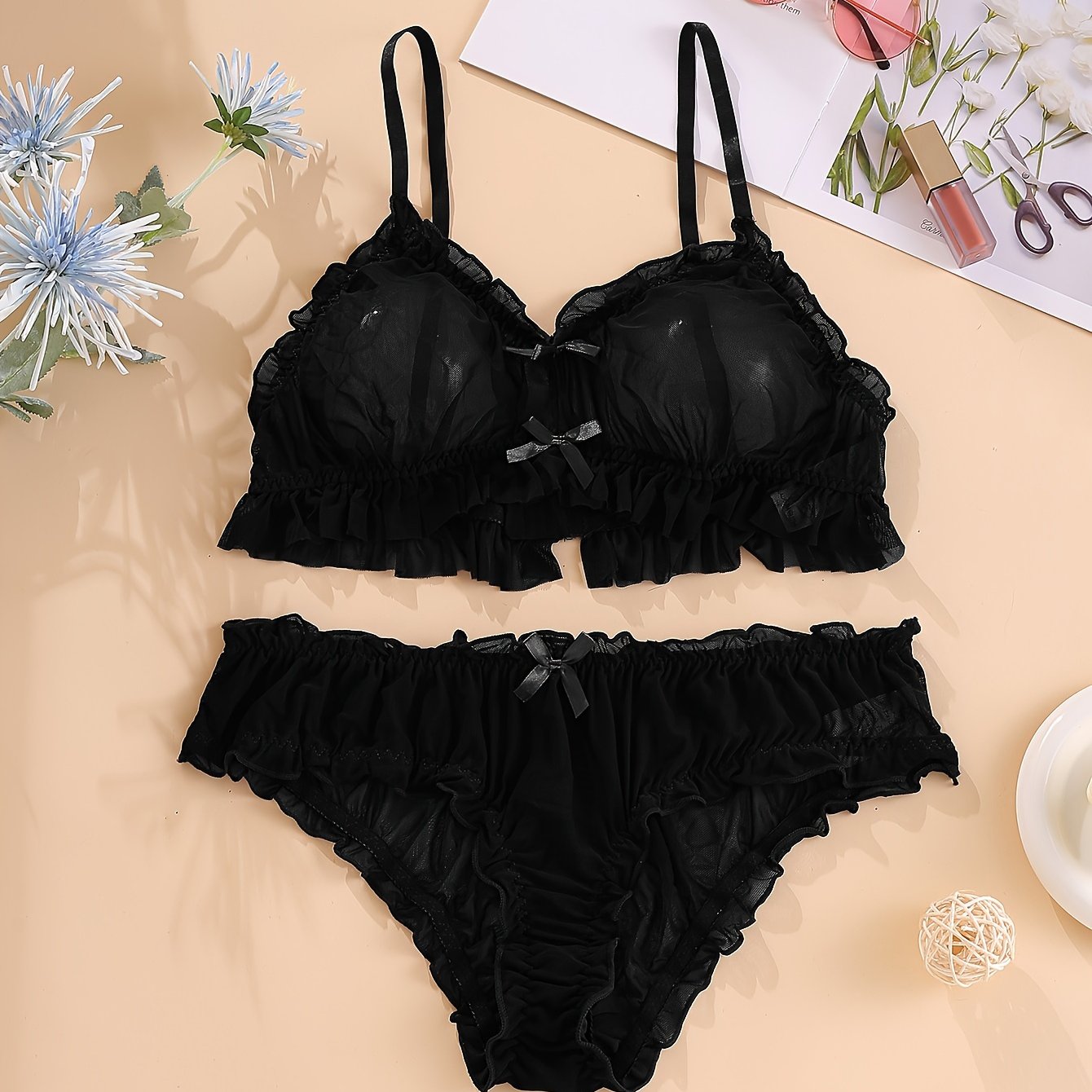 Conjunto de lencería floral de encaje para mujer con ribete de volante y sujetador y braga en triángulo adornados con lazo