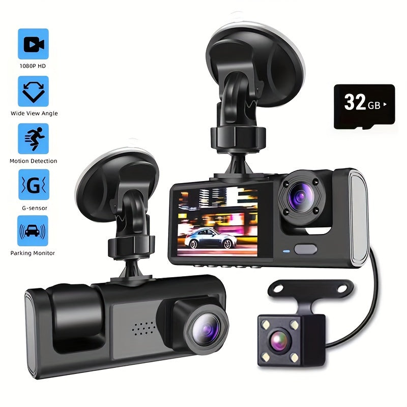 3-Camera Dash Cam 1080P Night Vision Wide-Angle Interior Front Car Recorder