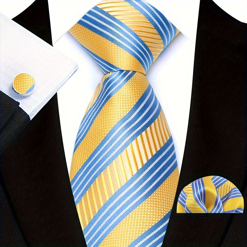 Men's Business Casual Tie Pocket Square Cufflinks Woven Multicolor Stripes Set for Grooms and Groomsmen