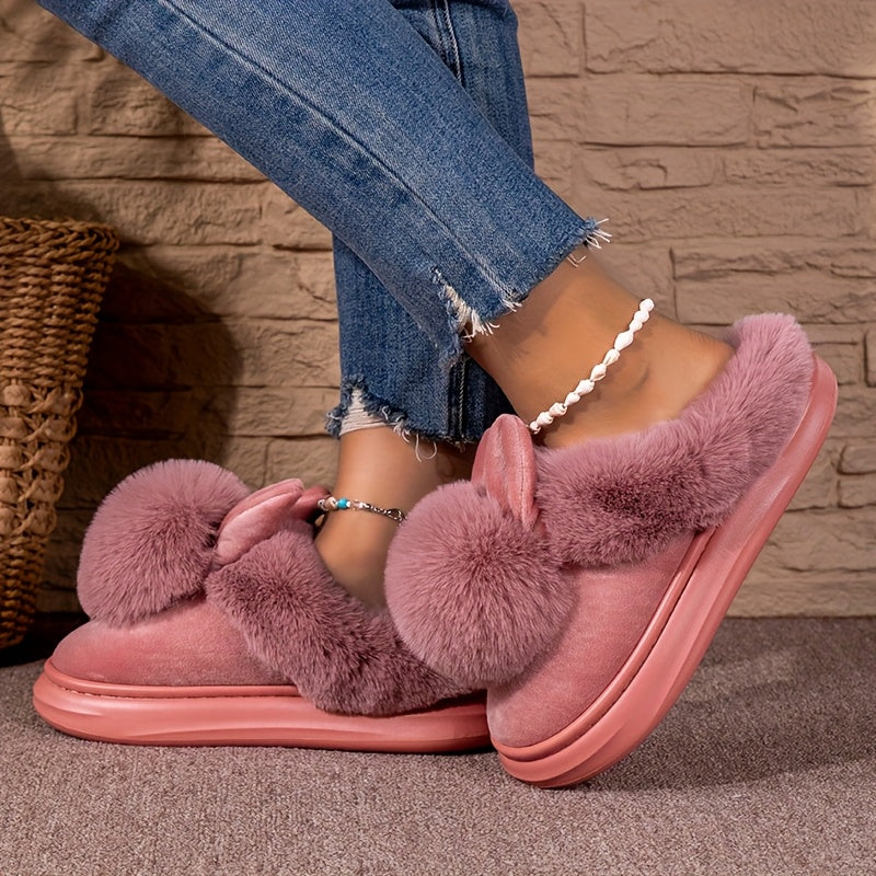 Women's Plush Bunny Ears Slippers Gray Indoor Outdoor Cozy Footwear