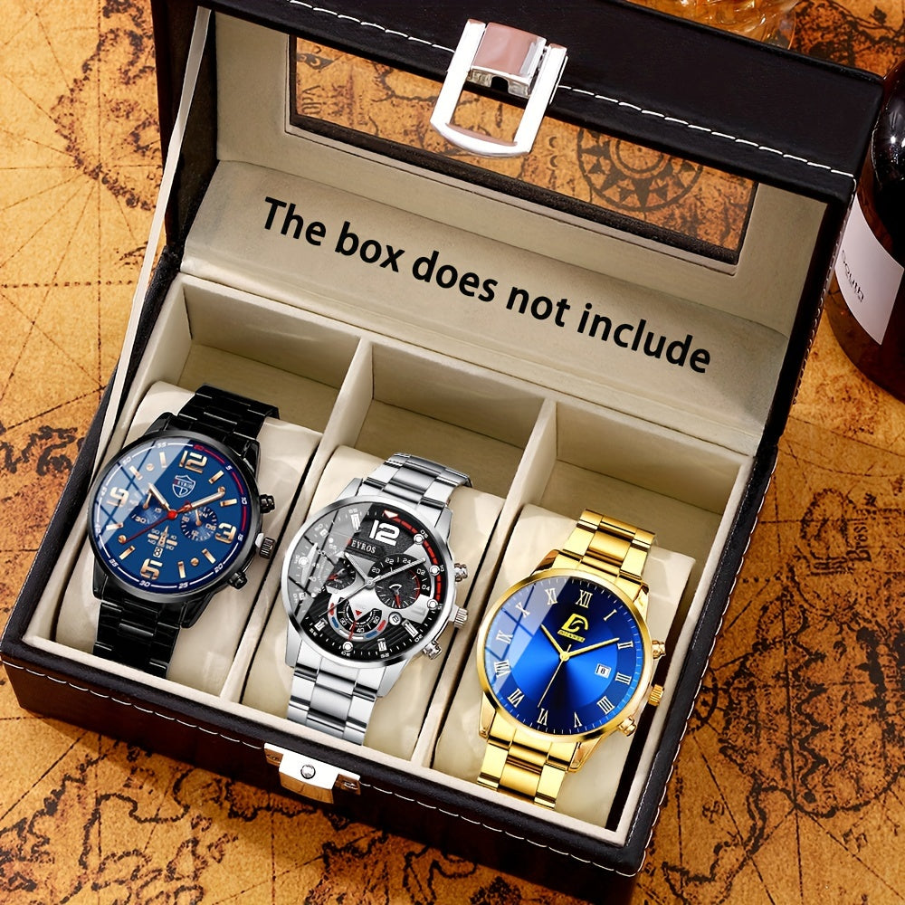 Set of 3 Men's Quartz Watches Stainless Steel Band Analog Calendar Wristwatches for Business and Gifting