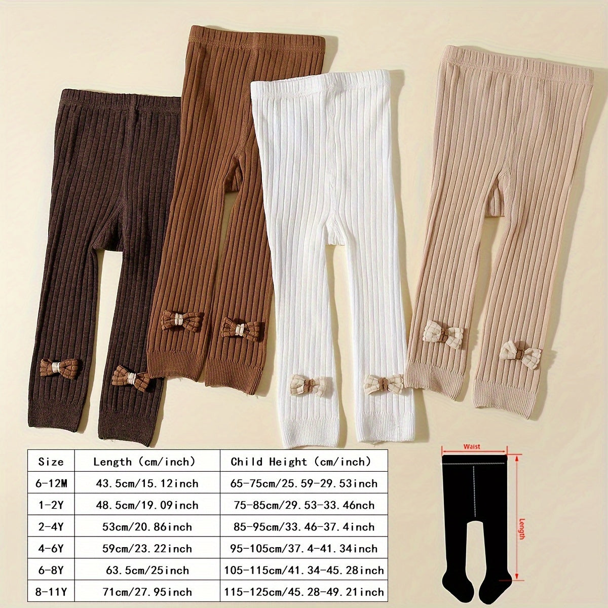 Girls' Ribbed Leggings Set with Bow Detail Soft Polyester Blend All-Season