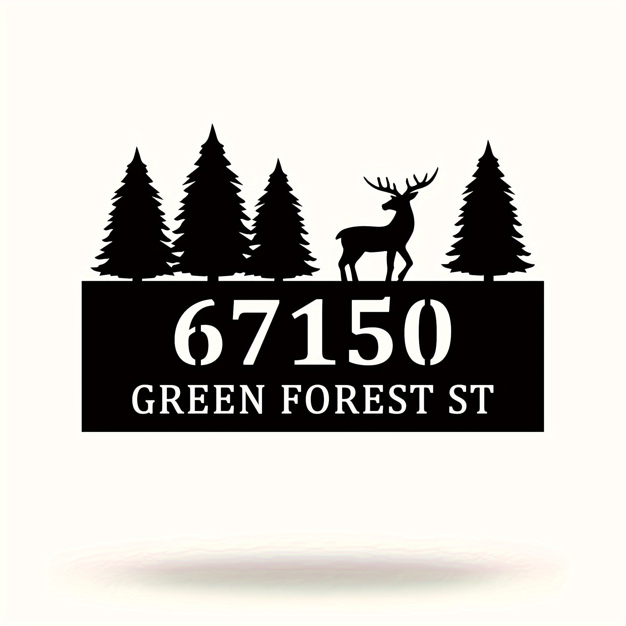 Metal House Number Sign with Forest and Deer Silhouette Waterproof Wall Art for Outdoor Entryway
