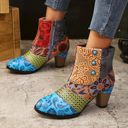 Women's Vintage Ethnic Style High Heel Ankle Boots Black Leather