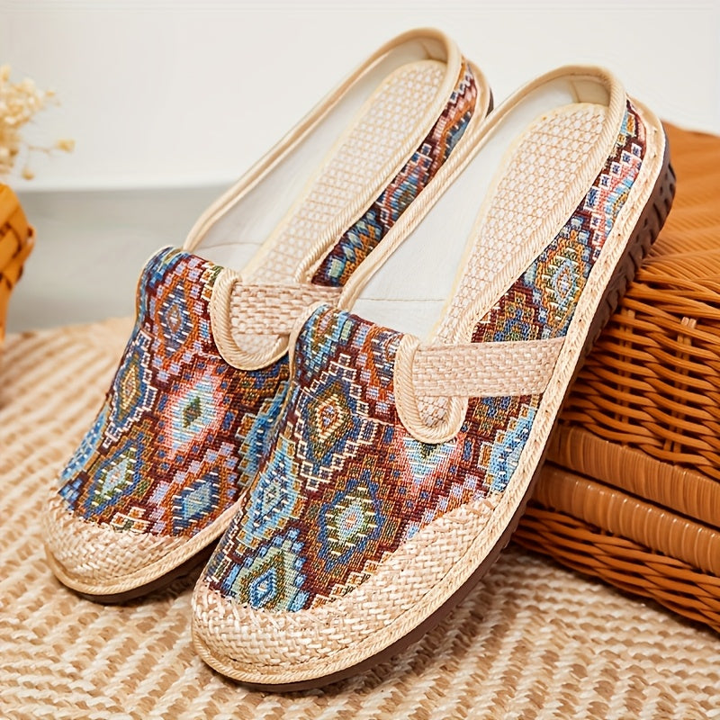 Women's Linen Slippers With Embroidered Colorful Pattern, Soft Sole, Casual