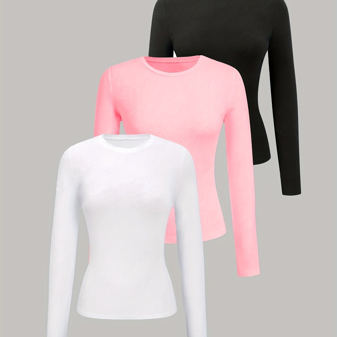 Women's Plus Size Long Sleeve T-Shirts Soft Stretch Basic Tees in Black Pink White