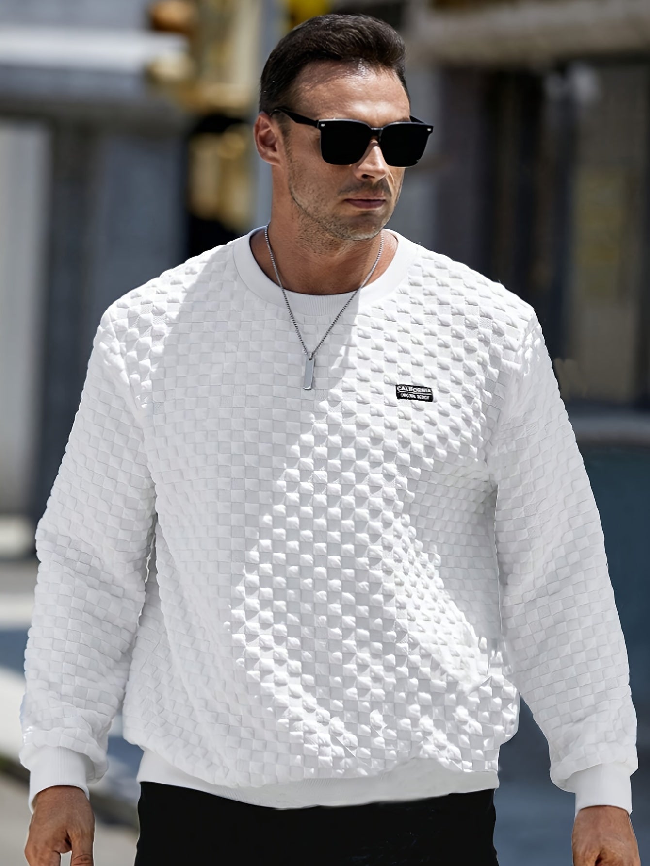 Men's Crew Neck Sweatshirt Knit Texture Checkered Design Cotton Casual Regular Fit