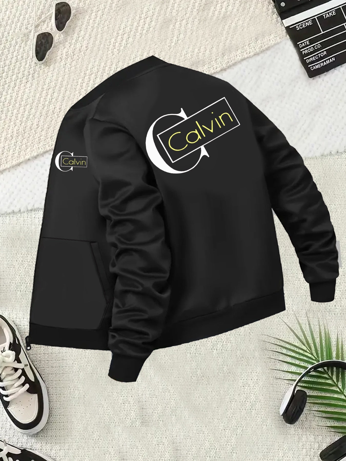 Plus Size Women's Black Long Sleeve Jacket with Pockets and Baseball Collar