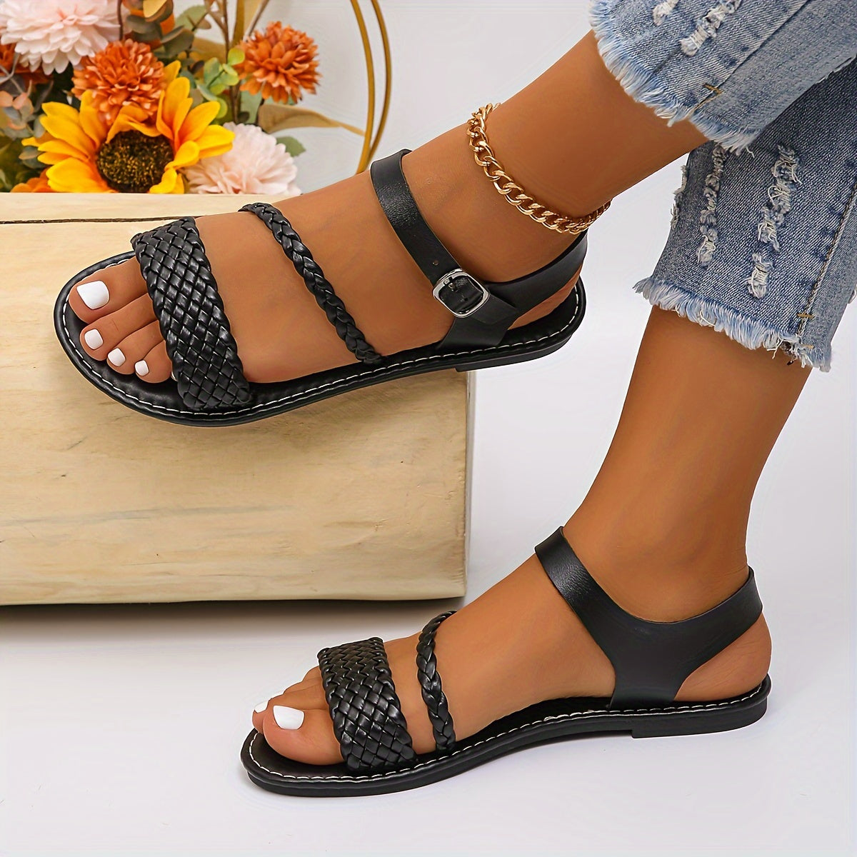Women's Ankle Buckle Sandals with Braided Strap Synthetic Open Toe Summer Footwear