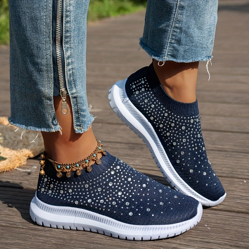 Women's Breathable Slip-On Casual Sneakers with Sparkling Crystal Accents