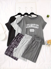 Conjunto de pijama casual de otoño para mujer con patrón de alfabeto y diseño en bloques de color, poliéster tricot con elastano, camiseta de manga corta y pantalones largos