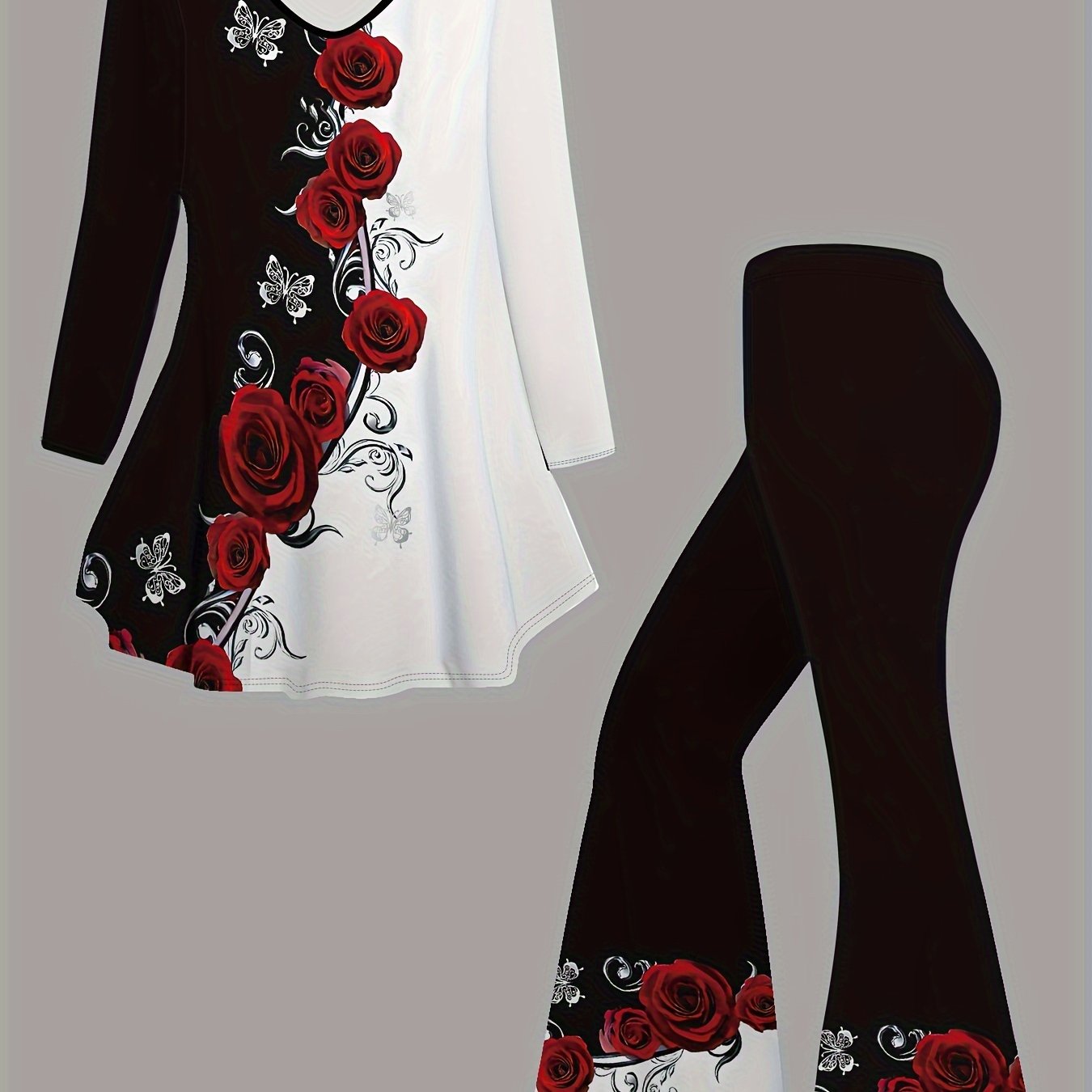 Women's Rose Print Outfit Set V Neck Flare T-Shirt and High Waist Flare Leg Pants