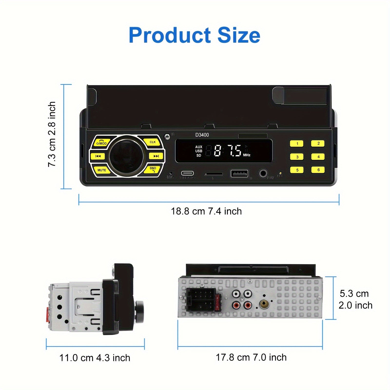 12V Avtomobil stereo sistemi FM USB SD AUX MP3 WMA CD Pleer Uzoqdan boshqarish Qora