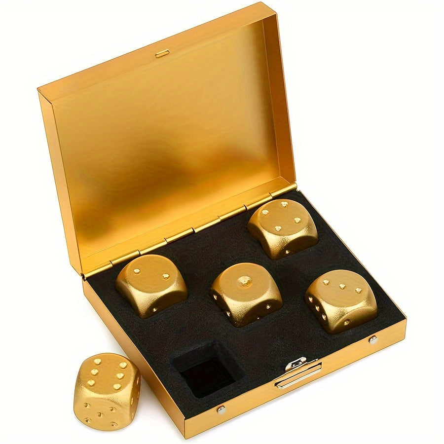 Set of 5 Gold Aluminum Alloy Dice with Storage Box for Party Games