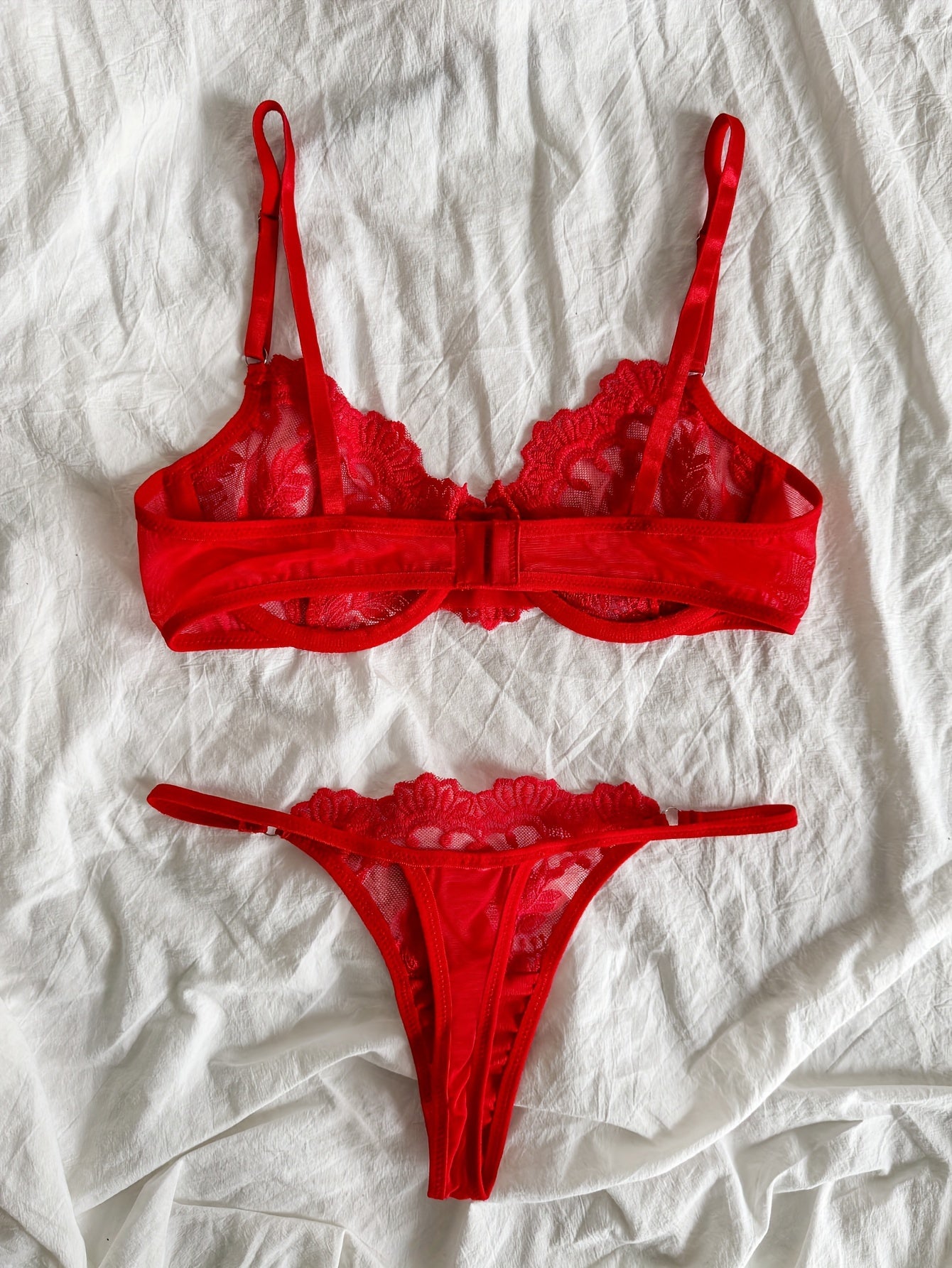 Women's Floral Embroidered Lingerie Set with Underwire Bra and Mesh Thongs