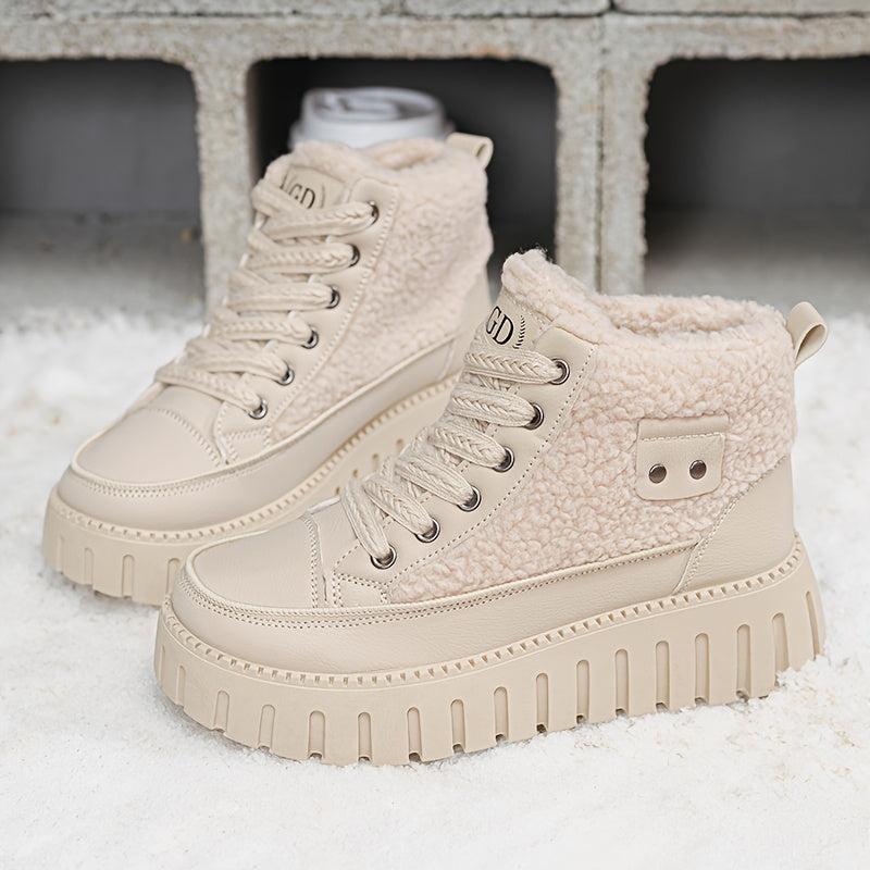Women's Fleece-Lined Winter Boots Beige Rubber Sole Lace-Up Mid-Calf Snow Boots