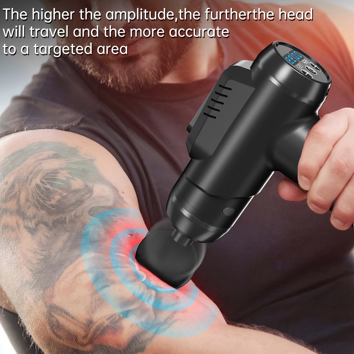 8 ta almashtiriladigan boshli yuqori quvvatli chuqur to'qima massaj quroli, USB orqali zaryadlanadigan, sozlanadigan tezliklar (1200-6000 RPM), LCD sensorli ekran, butun tanani bo'shatuvchi.