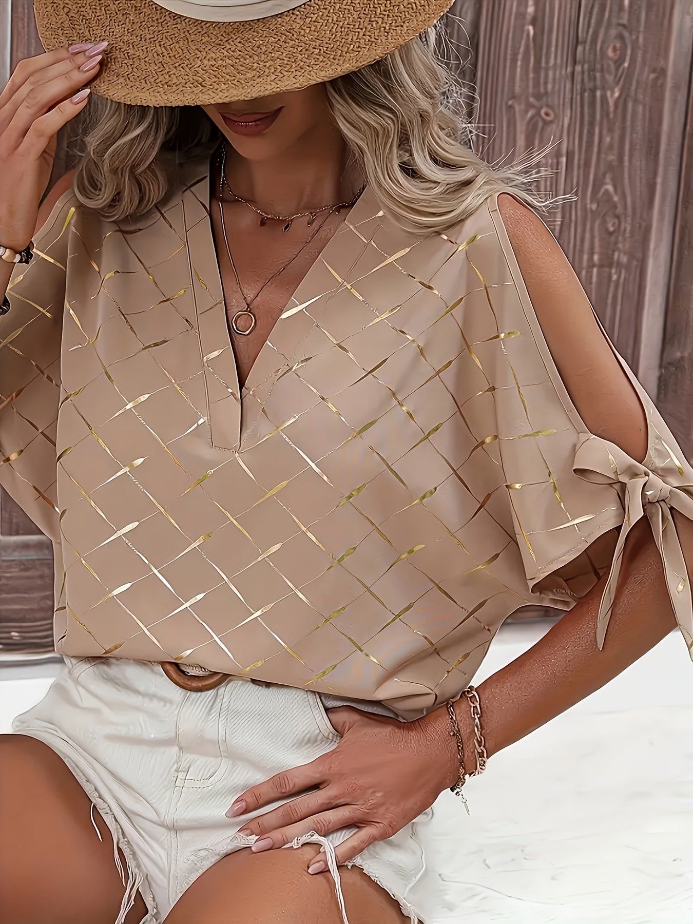 Women's V-Neck Blouse with Shoulder Cut-Outs Polyester Lightweight Spring Summer Top