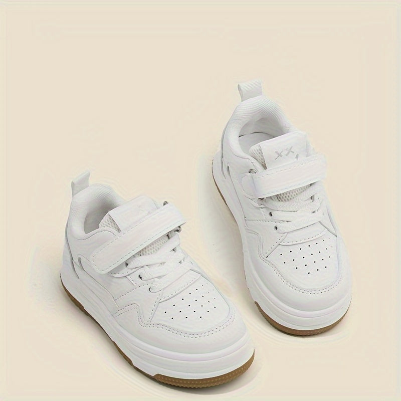Kids' White Low Top Sneakers for Boys and Girls Adjustable Strap PU Upper Casual School Shoes