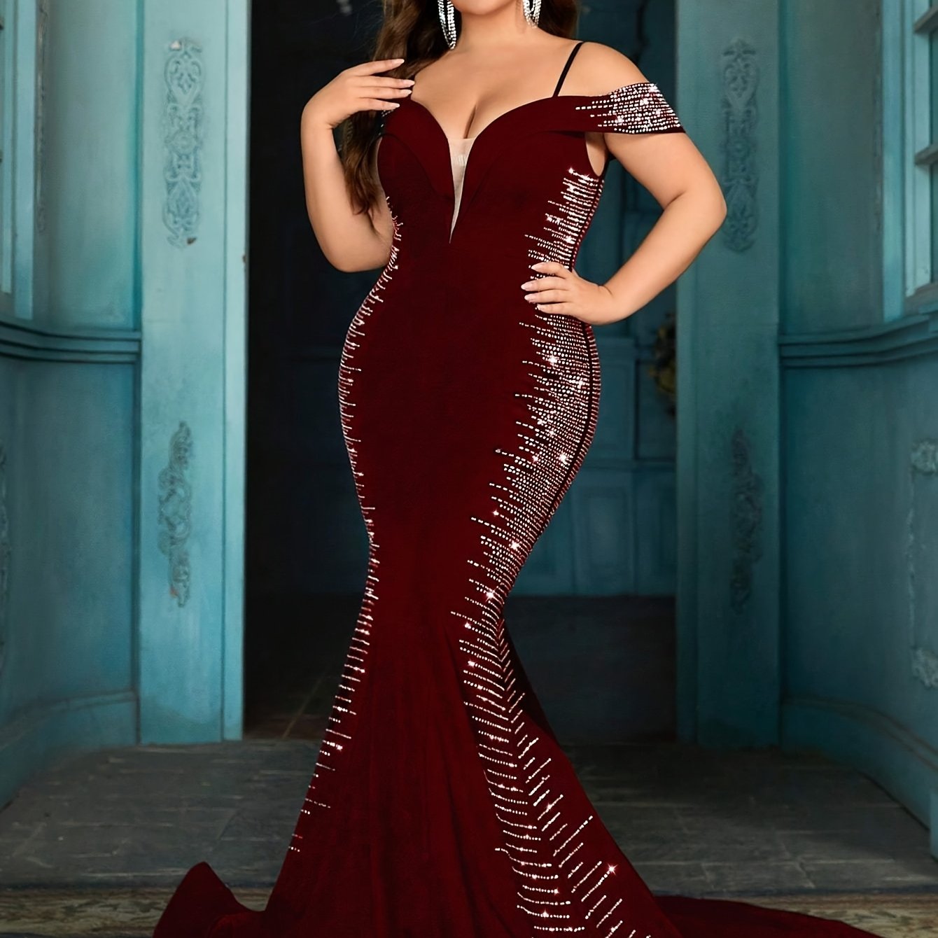 Plus Size Mermaid Evening Dress Spaghetti Strap Floor Length Formal Gown