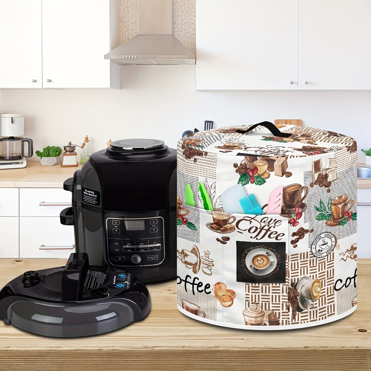 Funda de polvo para olla arrocera con temática de café con asas, bolsillo para pañuelos, poliéster, decoración de cocina