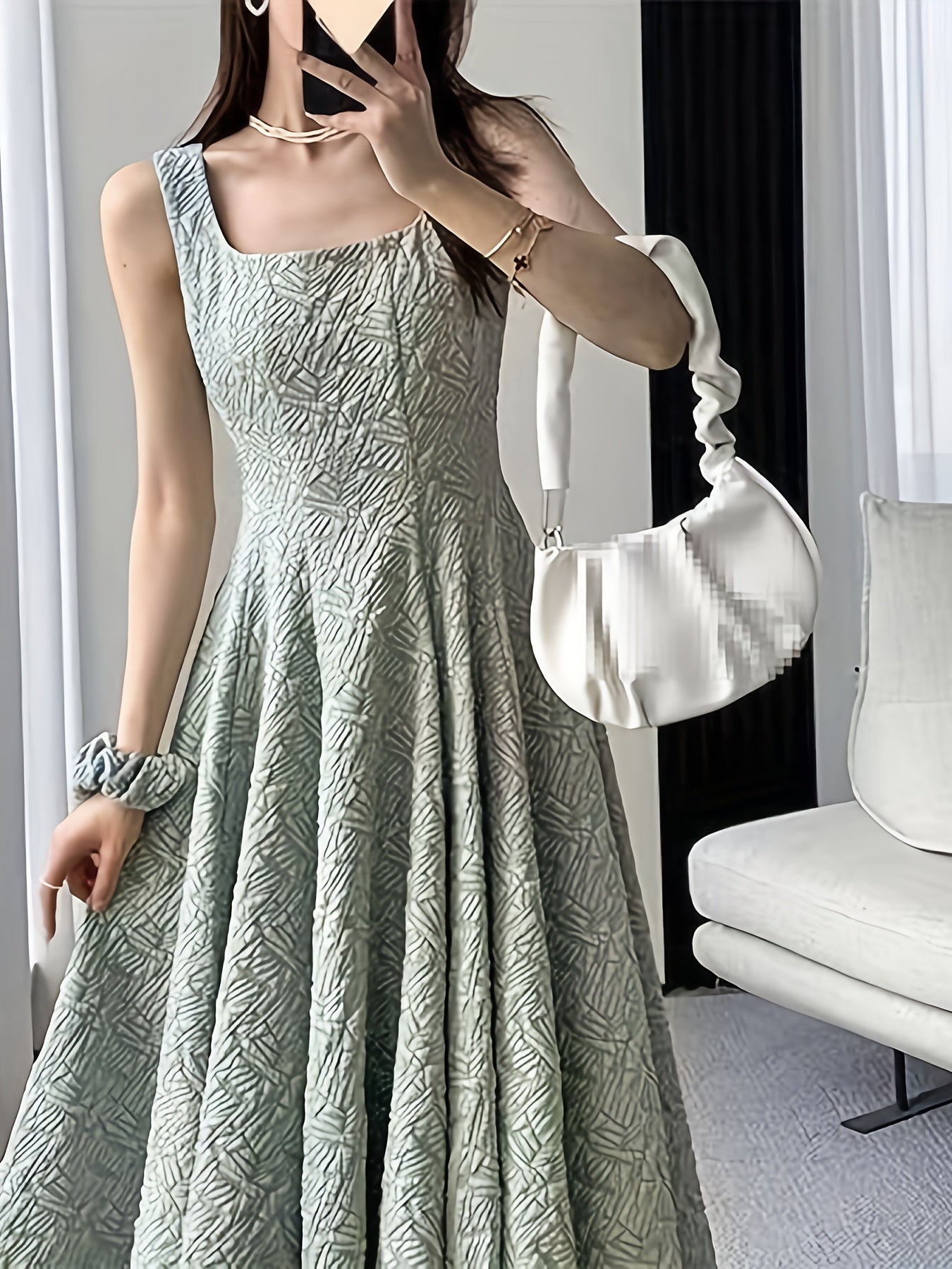 Adult Jacquard Square Neck Flared Dress Solid Polyester Spring Summer