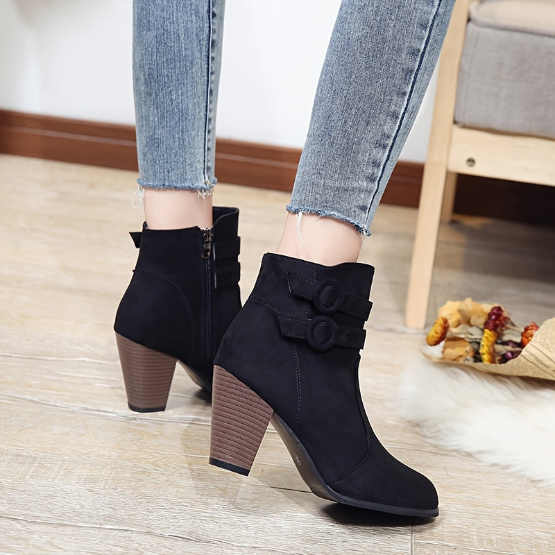 Women Ankle Booties Solid Color Fabric Pointed Toe Block Heel Shoes