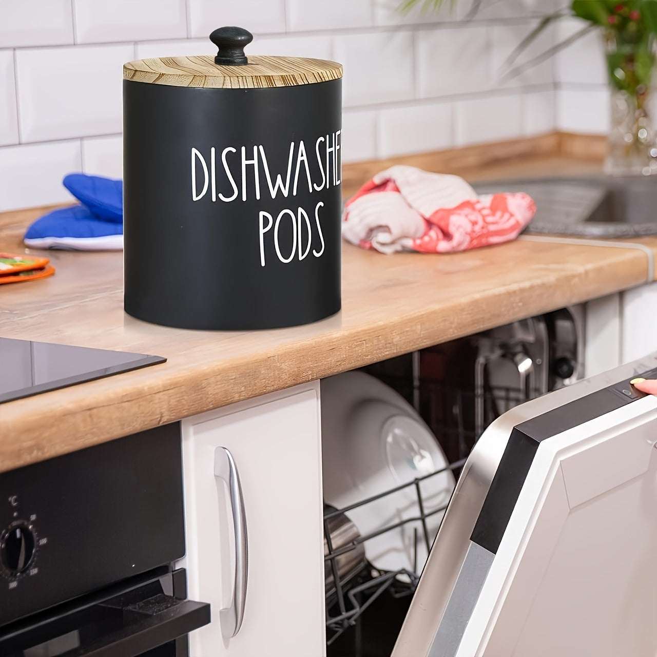 Wooden Laundry Pods Container with Lid for Laundry Room Organization and Fabric Softener Dispenser