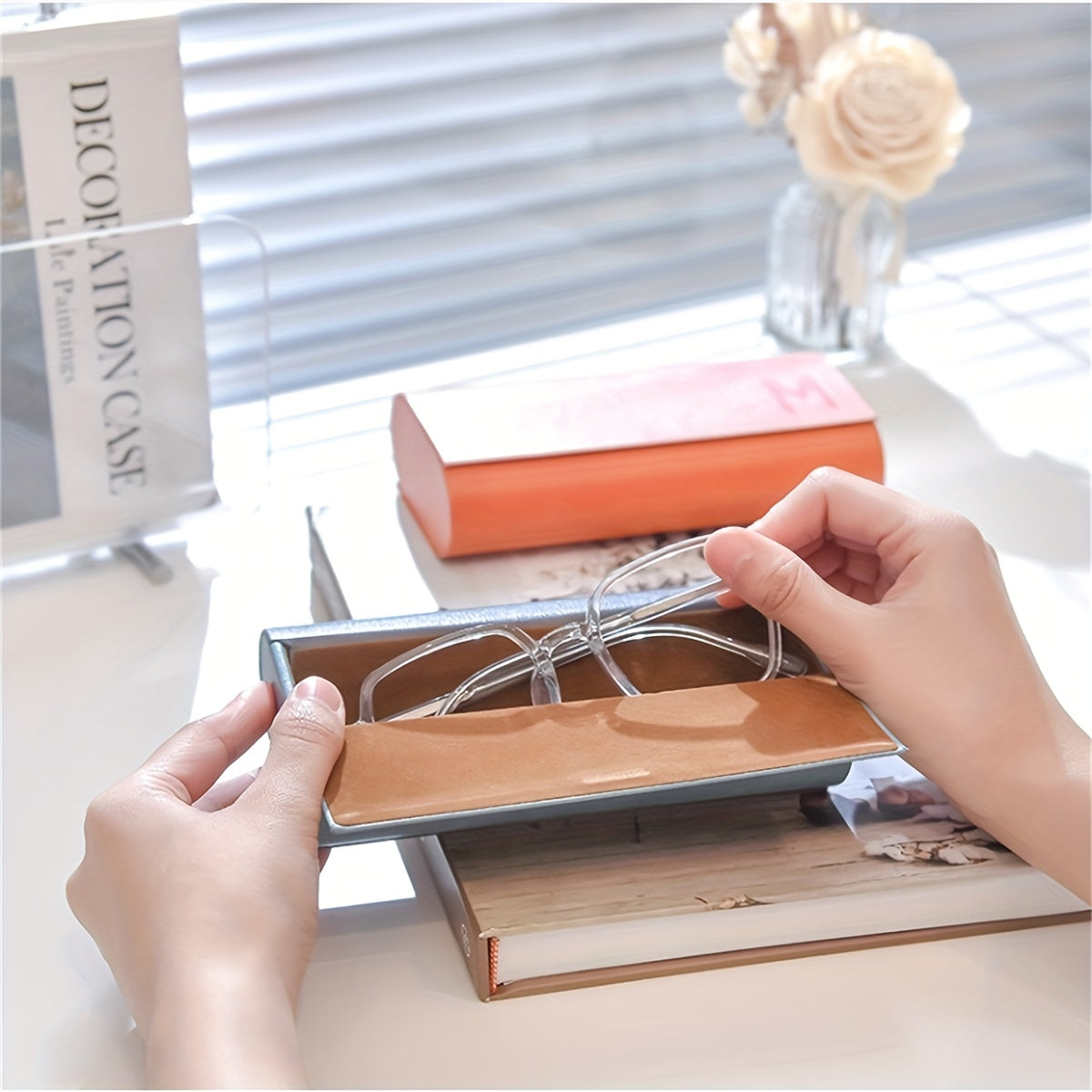Double Layer Glasses Case with Multi-Grid Design Large Capacity PU Storage Box for Glasses
