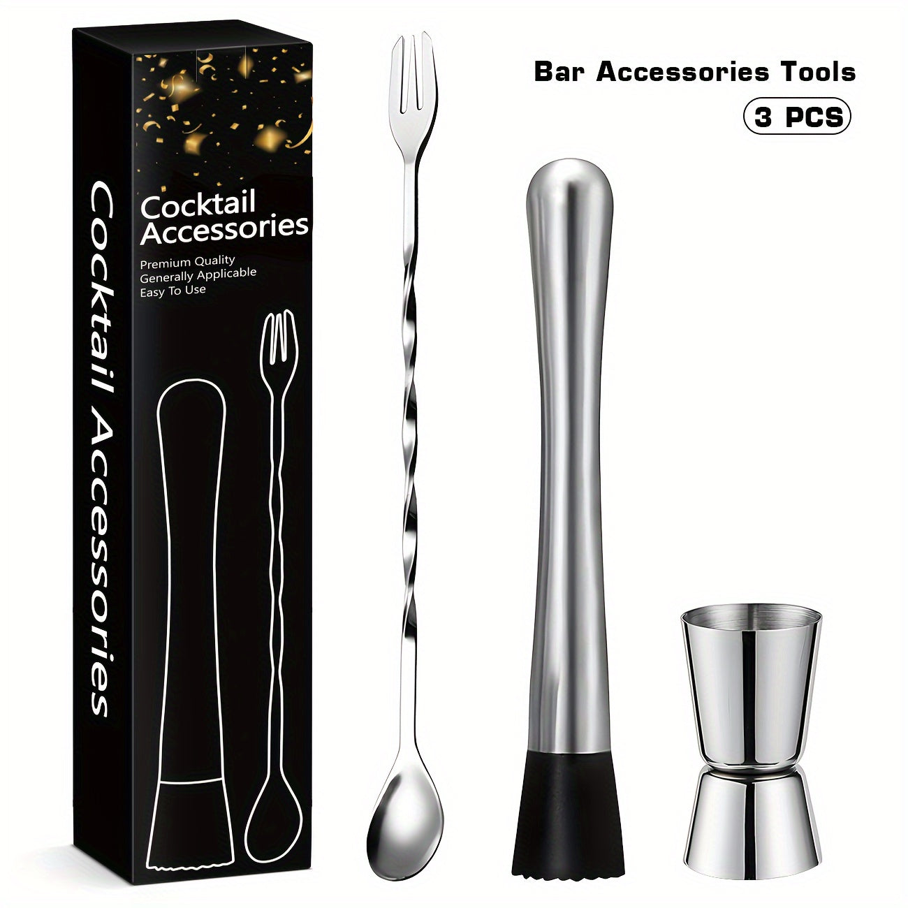 Mustahkam 3-qismli zanglamas po'latdan yasalgan kokteyl aralashtirish to'plami muz maydalagich, aralashtirish qoshiq, o'lchov stakani va uyda va professional foydalanish uchun shisha ochgichni o'z ichiga oladi.