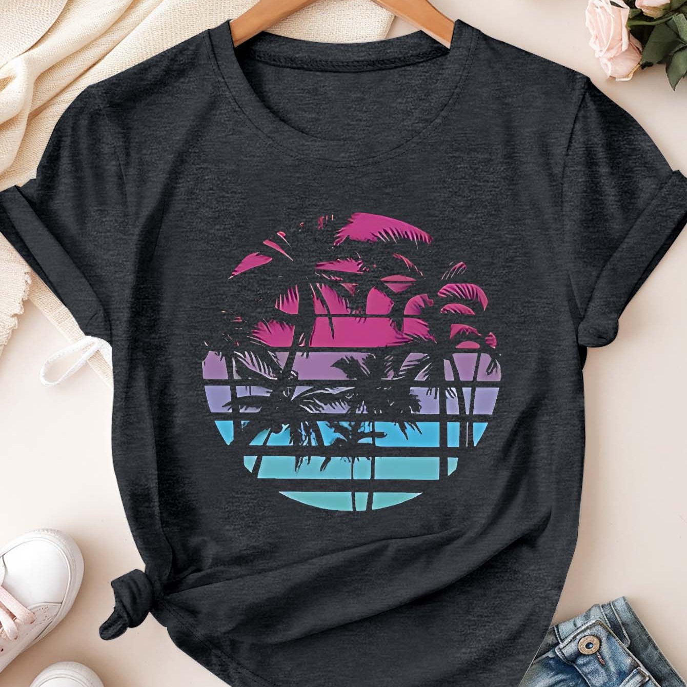 Women's Plus Size Casual T-Shirt Tropical Palm Sunset Print Short Sleeve Dark Green