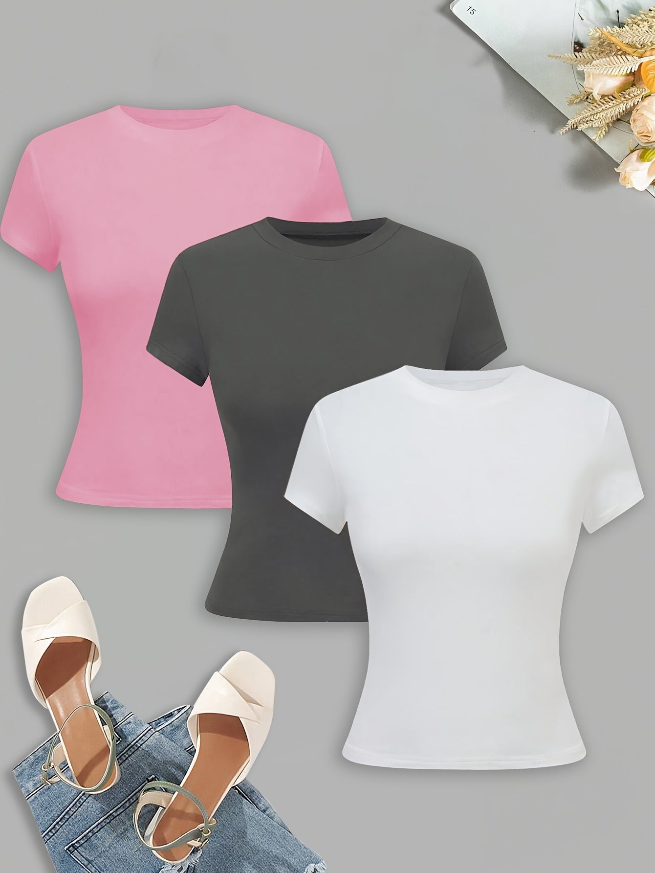 Women's Slim Fit Solid Color T-Shirt Three-Piece Set Polyester Casual Spring Summer