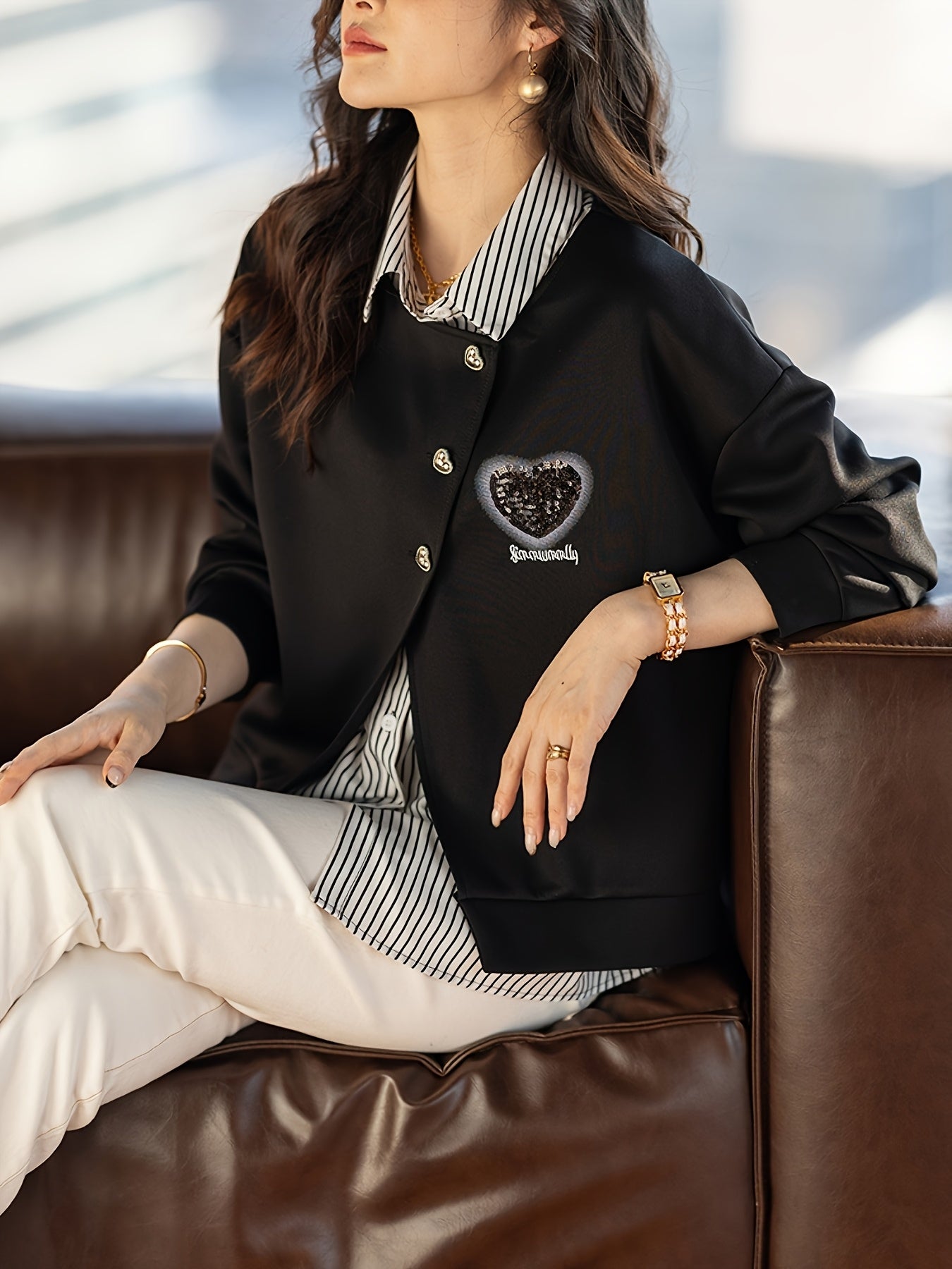Women's Striped Patchwork Polo Collar Sweatshirt for Spring Flattering Fit